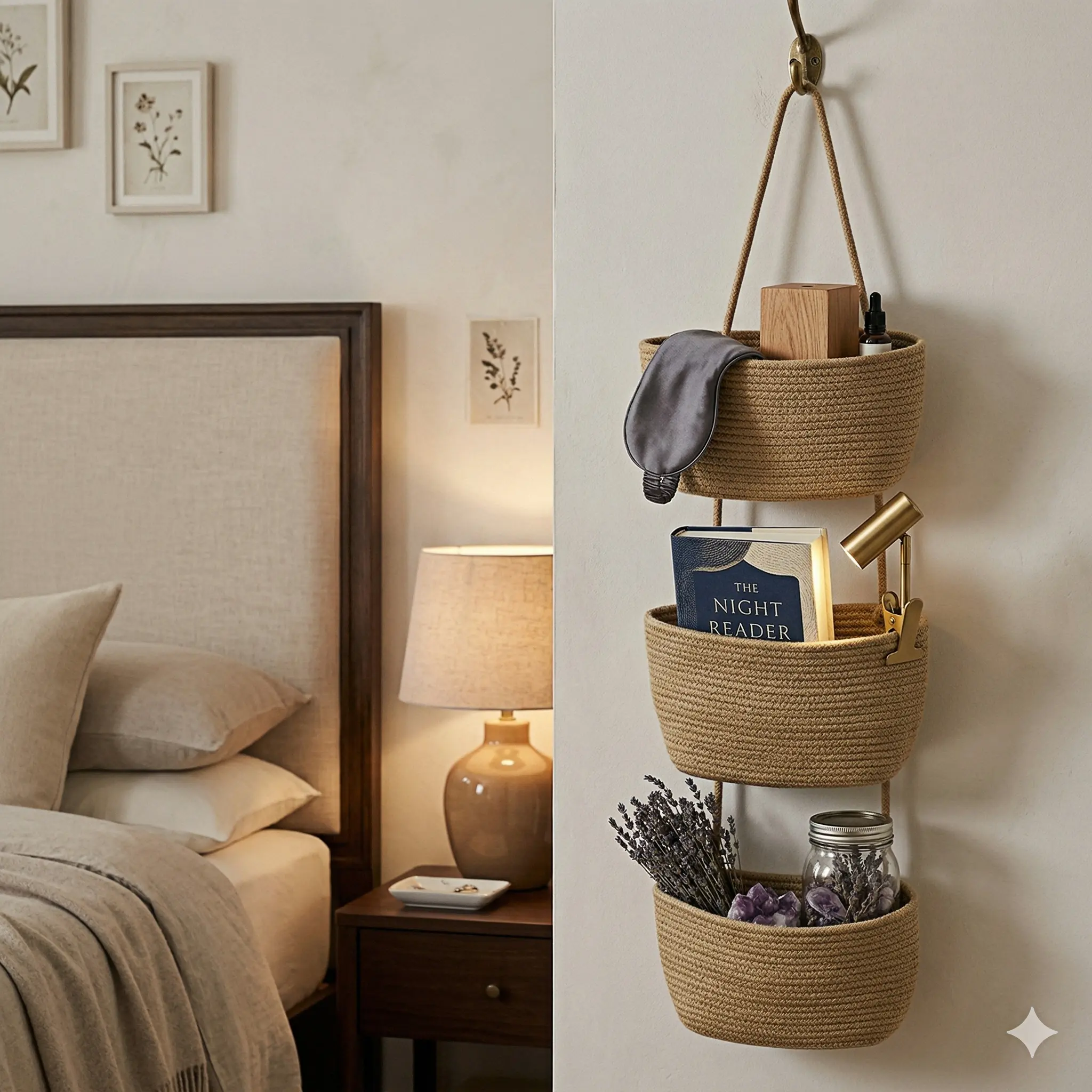 3-Tier Over the Door Storage Basket, Woven Cotton Wall-Mounted Jute Organizer for Nursery, Diapers, Toys, and Home Storage，Multi-Purpose Organizer, Collapsible StorageBaskets, Multipurpose Basket，