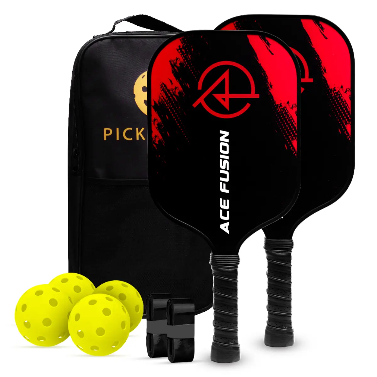 ACE FUSION- Pickleball Paddles Set of 2 - Fiberglass Surface with 4 Pickleball Balls, 2 Grip Tapes, 2 Microfiber Towels and 1 Portable Carry Bag,Pickle Ball Paddle Set ​for Men Women