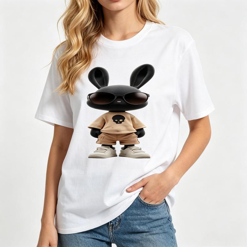 Women's Cotton Bunny Graphic T-Shirt - Cool Kawaii Black Bunny Sunglasses Print, Short Sleeve, Crew Neck, Lightweight Fitted Cut, Summer Beach Streetwear Top