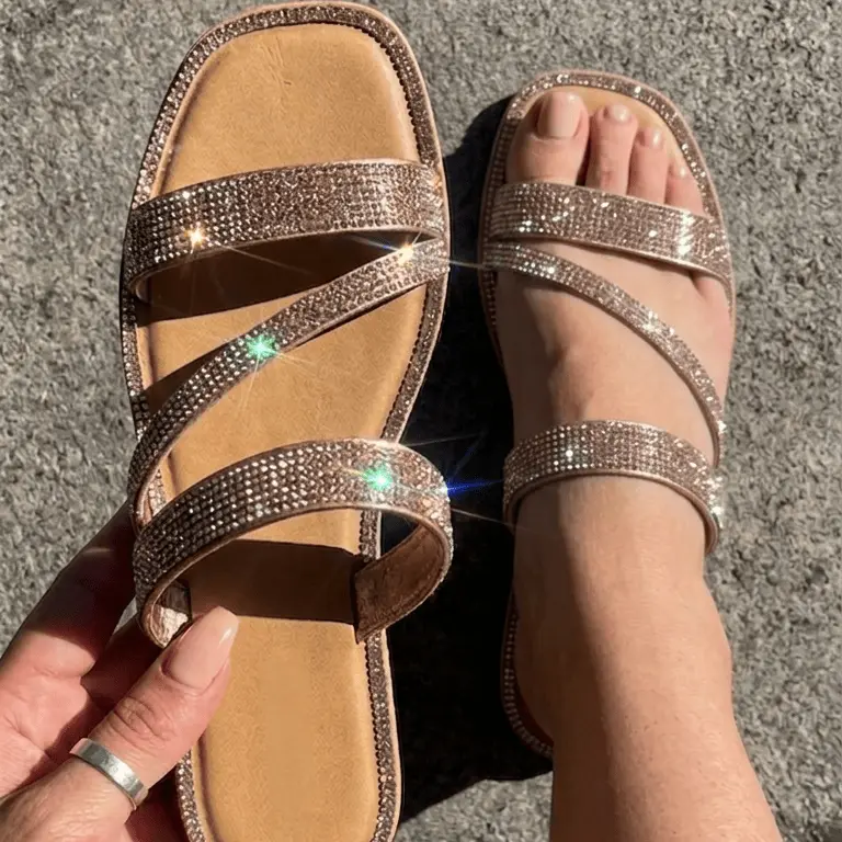 Women's Sparkly Strappy Flat Sandals – Bling Crystal Slip-on Slide Sandals for Summer