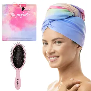 THE PERFECT HAIRCARE Microfiber Curly Hair Towel Wrap with Wet/Dry Brush - Fast Drying and Gentle Detangling for Women, Girls, Kids, Children - Great for Travel, Gifts and Hair Extensions (Watercolor / Tie Dye)