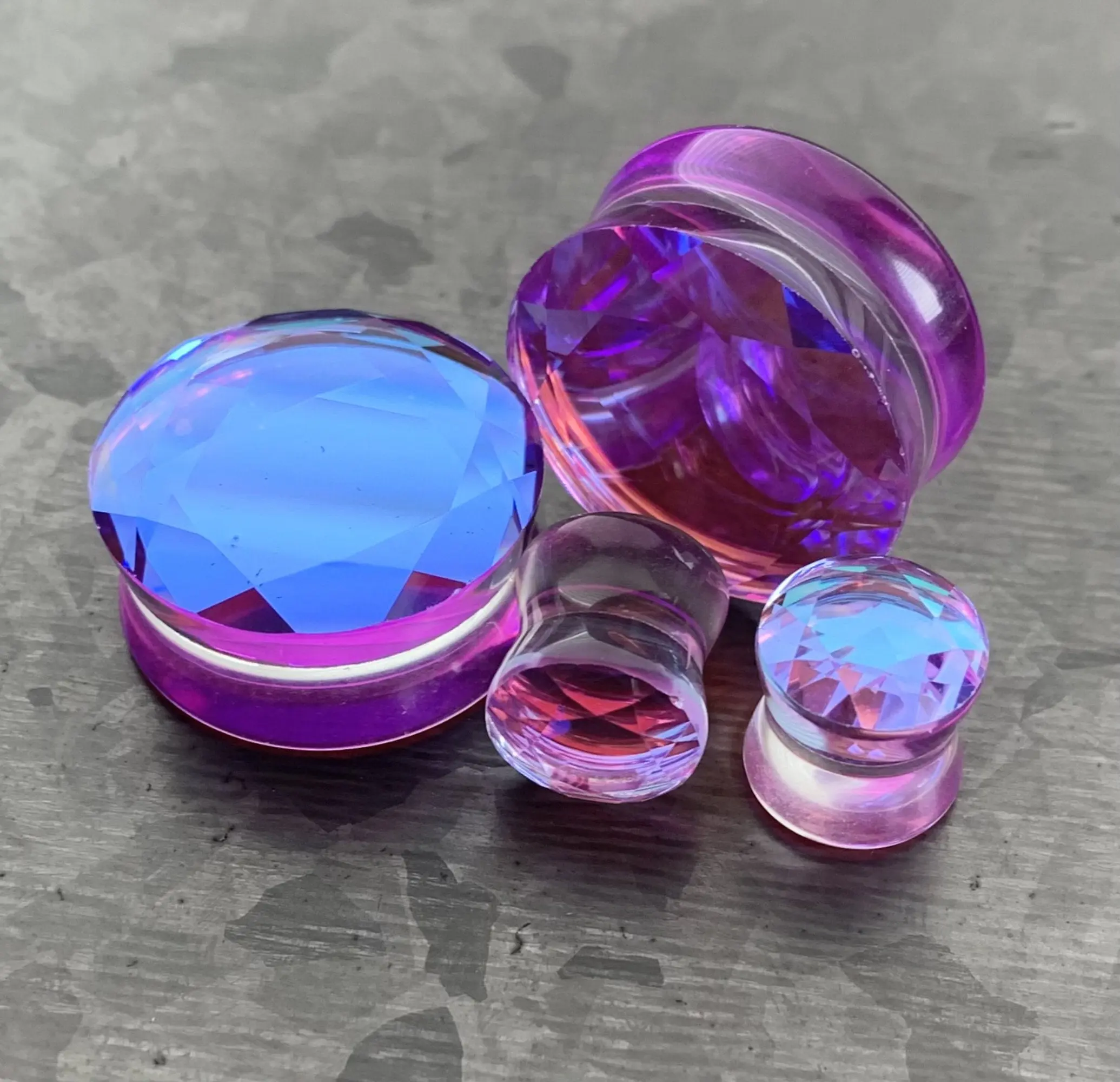 PAIR of Stunning Faceted Mermaid Iridescent Glass Double Flare Plugs - Gauges 2g (6.5mm) thru 1" (25mm)