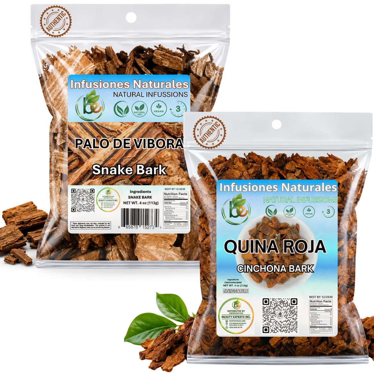 Quina Roja + Palo de Víbora Herbal Tea Combo – 2 Pack (4 oz Each / 113 g) – Red Cinchona Bark & Arbol de la Víbora Herbal Infusion – 100% Natural, Vegan, Non-GMO, Gluten-Free, Wildcrafted & Authentic – by BexpertsUSA