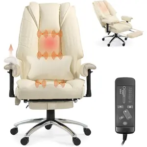 Massage & Heated Office Chair with Foot Rest, Ergonomic Executive Office Chair with Reclining Backrest, Adjustable Arms and Lumbar Support, High Back Leather Desk Chairs for Home Office, Beige