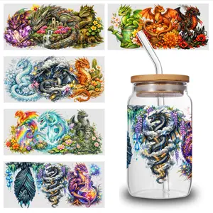 5 Sheets Dragon Floral UV DTF Stickers Themed UV DTF Transfer Paper - Waterproof & Scratch Resistant, 3D Crystal Clear Decals for Glass Cups, Mugs, Laptops, Refrigerators