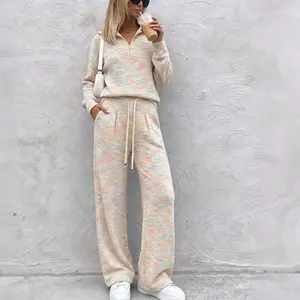 Woman's Soft Knit Tracksuit Set Casual Dopamine Color Block Zipper Top Wide Leg Pants Outfit Comfy Streetwear Home Outdoor Loungewear