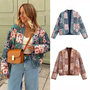 Autumn women's printed loose cardigan short quilted cotton jacket