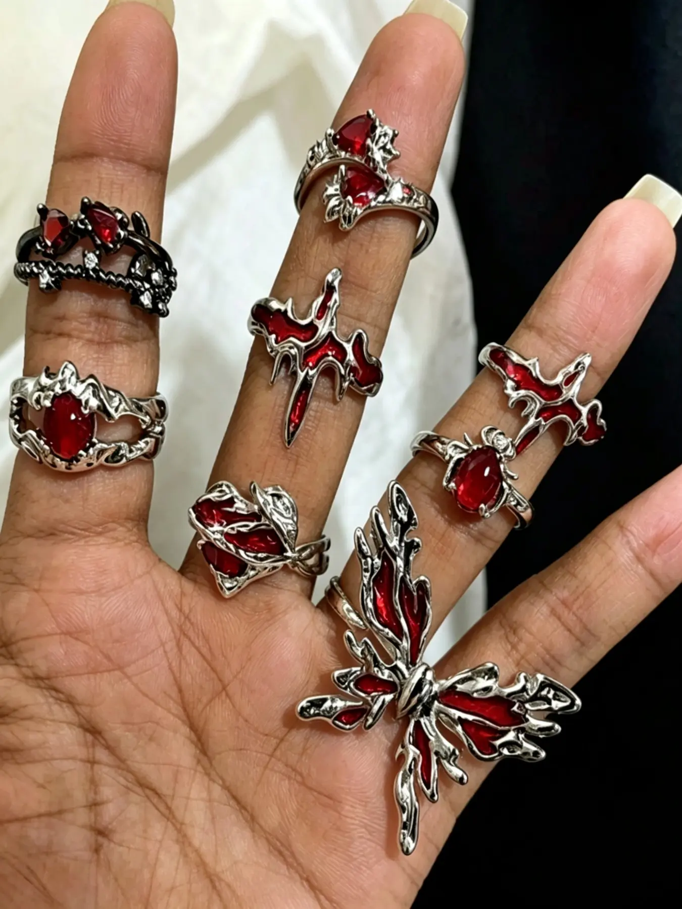 Punk Style Star & Heart & Butterfly Design Stacking Ring Set, Stackable Rings, Unique Rings, Gifts for Her, Goth Girl Jewelry, Dark Aesthetic Rings, Holloween Rhinestone Decor Y2k Adjustable Ring, Jewelry for Birthday Gift