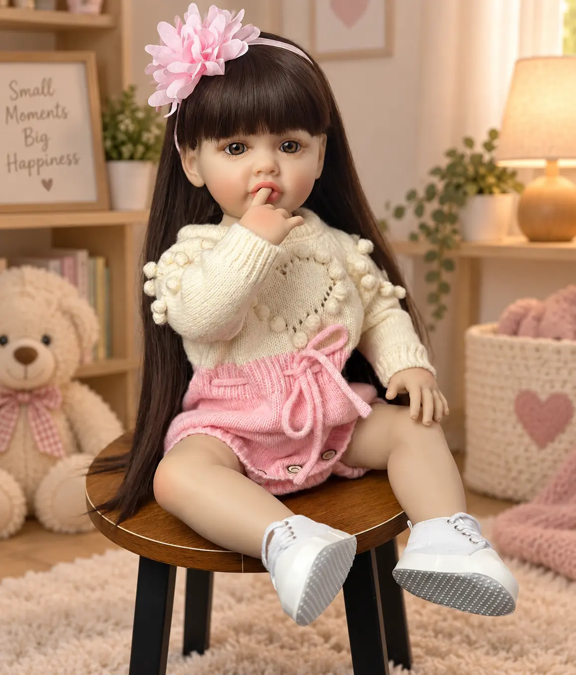 22In (55cm) Realistic Rebirth Vinyl Collectible Dress Up Doll - Unisex Cuddly Doll Gift with Soft Brown Hair, Pink Knit Cute Clothes, Accessories, Bath-Friendly Birthday Gift