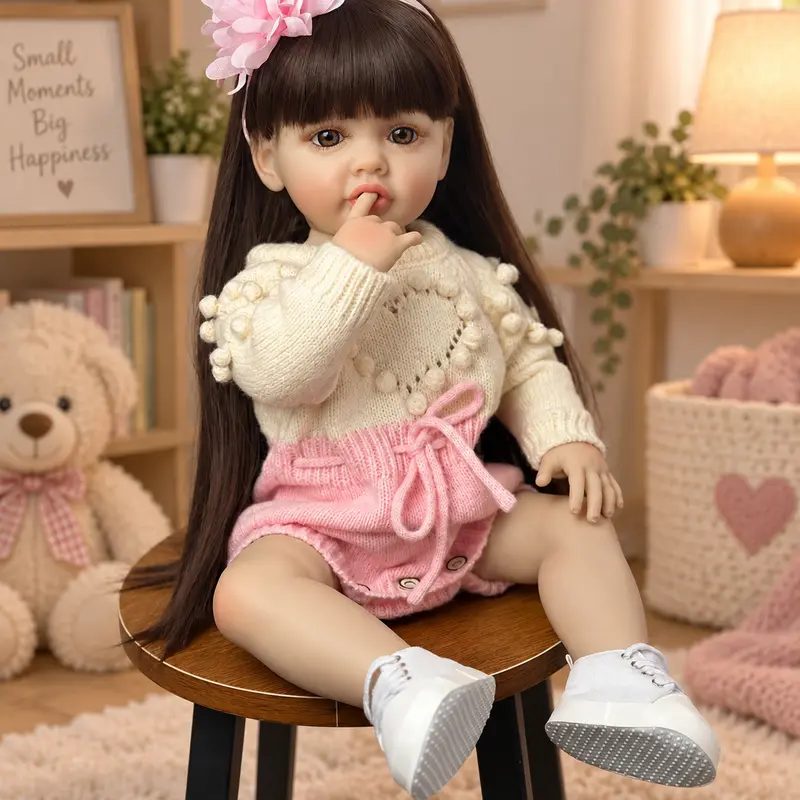 22In (55cm) Realistic Rebirth Vinyl Collectible Doll - Unisex Soft Body Cuddly Doll Gift with Soft Brown Hair, Pink Knit Cute Clothes, Accessories, Bath-Friendly Birthday Gift, Cute Clothes Dolls