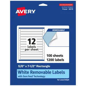 Avery Matte White Removable Rectangle Labels with Sure Feed Technology, Print-to-the-Edge, 5/8" x 7-1/2"
