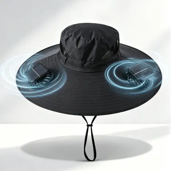 Solar Fan Hat for Men and Women with 2 Removable Fans, Solar & USB Rechargeable UPF 50+ Wide Brim Cooling Sun Hat with Breathable Mesh and Adjustable Chin Cord for Fishing, Gardening, Hiking, Camping, Beach and Outdoor Work, Black