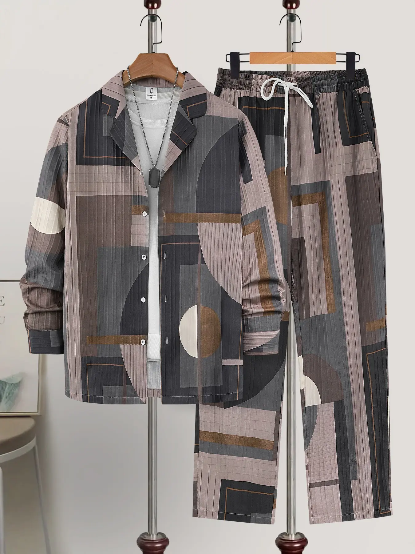 Men's Brown Geometric 2-Piece Lightweight Loungewear Set - Long Sleeve Camp Collar Shirt & Matching Drawstring Pants, Soft Breathable Fabric, Relaxed Fit for At-Home Lounging, Lazy Weekends & Casual Evenings, Pyjamas Sleepwear