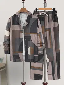 Men's Brown Geometric 2-Piece Loungewear Set - Long Sleeve Camp Collar Shirt & Matching Drawstring Pants, Soft Breathable Fabric, Relaxed Fit for At-Home Lounging, Lazy Weekends & Casual Evenings