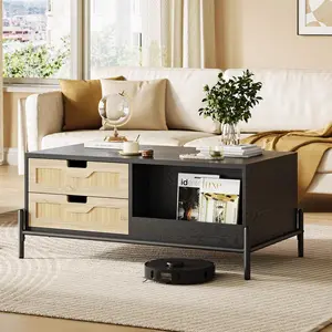 Rattan Coffee Table with LED Lights Mid Century Modern Coffee Table with 4 Drawers and Open Storage Shelf Wooden Living Room Table Farmhouse Furniture for Living Room