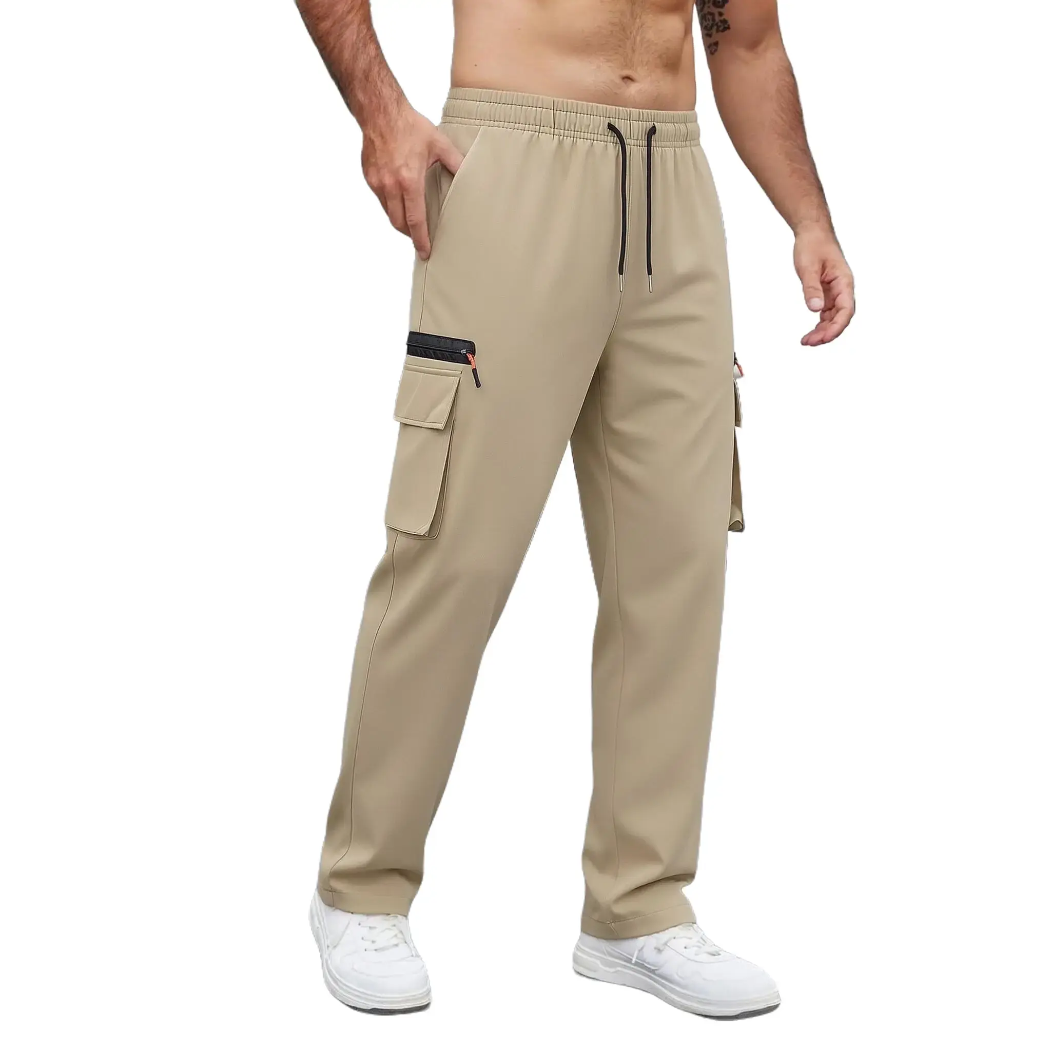 Menswear Men's Loose Fit Straight Cargo Pants - Polyester Fabric, Adjustable Drawcord Elastic Waist, Multi-Pocket Utility Trousers, Zip-Flap Side Pockets, Lightweight Work Pants for Fishing, Travel, Daily Casual Wear, Plain, Streetwear Outfits, Men's Work