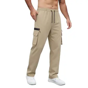 Men's Loose Fit Straight Zipper Cargo Pants,  Polyester Fabric, Adjustable Drawcord Elastic Waist Multi Pocket Utility Trousers, Zip Flap Side Pocket Lightweight Work Pants for Fishing, Travel, Streetwear & Daily Casual Wear