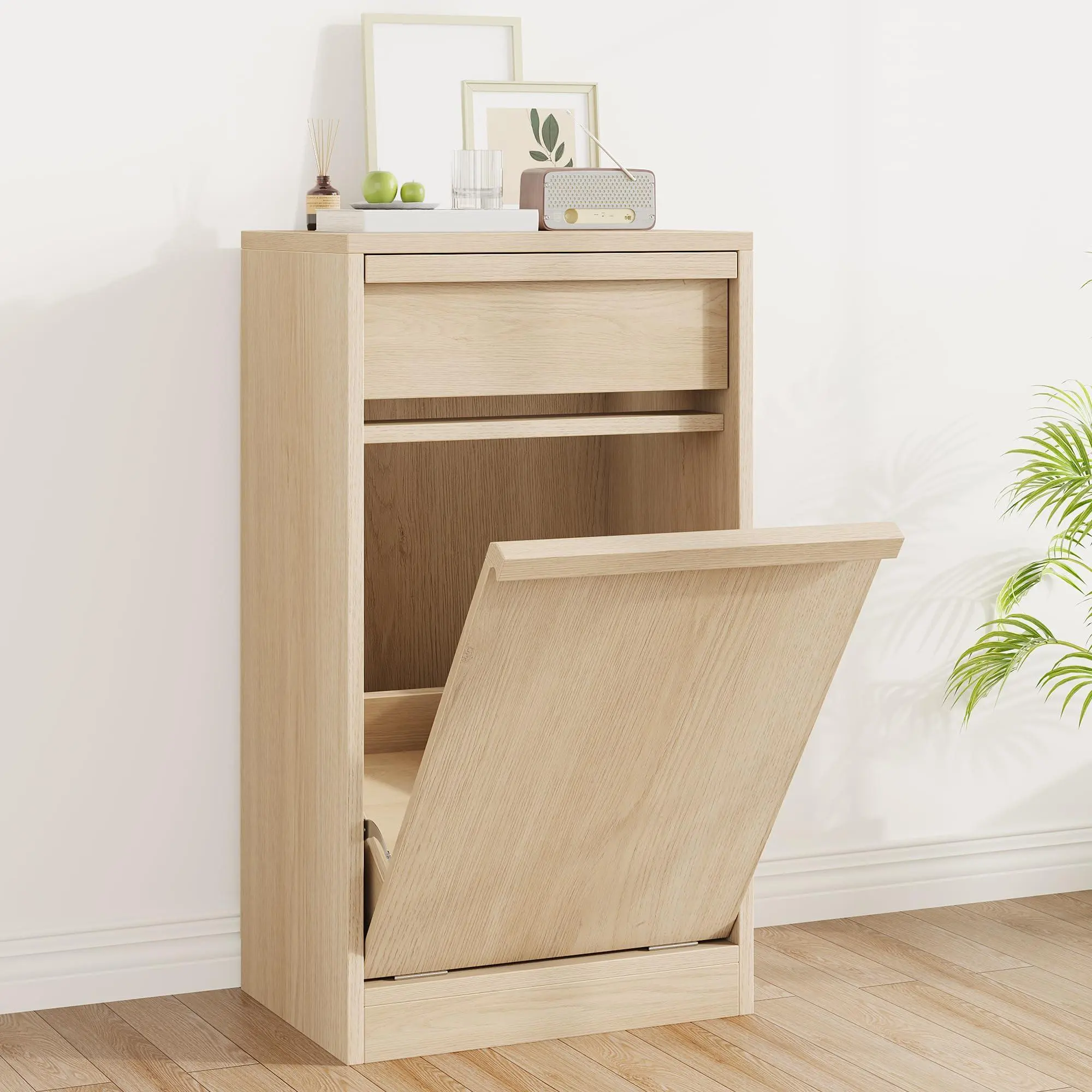 GAOMON Tilt Out Trash Cabinet, Natural Wood Hidden Garbage Can Cabinet for 10 Gallon Bins, Modern Pet-Proof Trash Cabinets for Kitchen, Dining, Living Room Storage