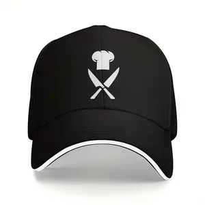 CampaignBlack Unisex Chef Print Snapback Trucker Hat - Crossed Knife & Fork Graphic, Durable Non-Stretch Fabric, Machine Washable For Outdoor Sports & Casual Wear, Culinary Themed Apparel