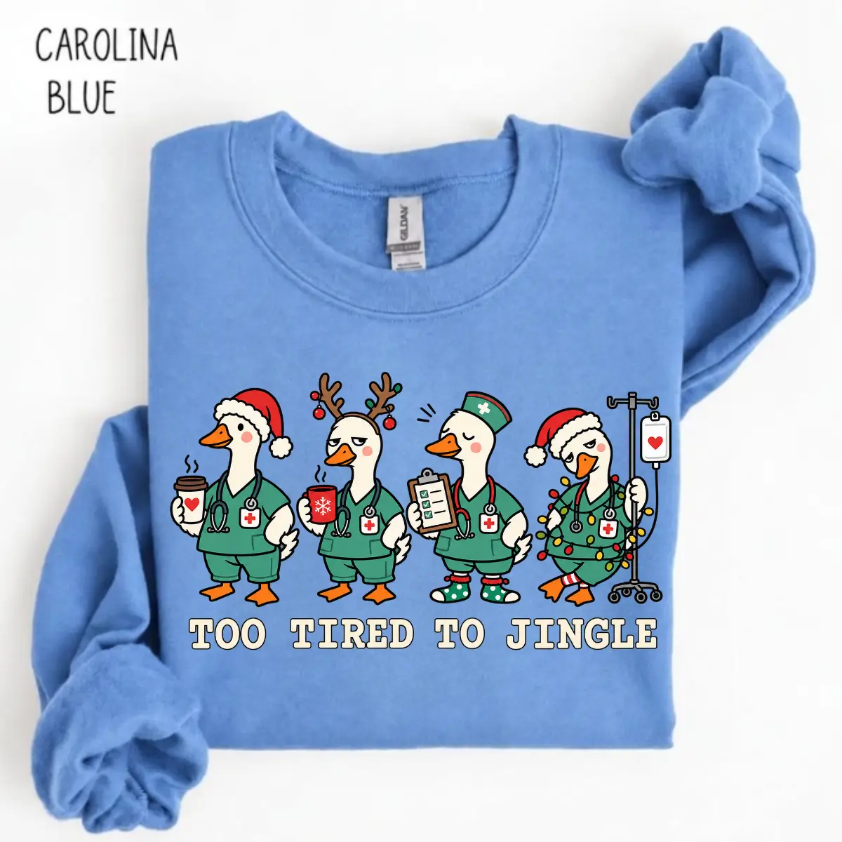 Too Tired To Jingle Nurse Christmas Sweatshirt Funny Goose Nurse Crewneck Holiday Shift Scrub Sweater Tired Healthcare Worker Xmas Gift Pullover