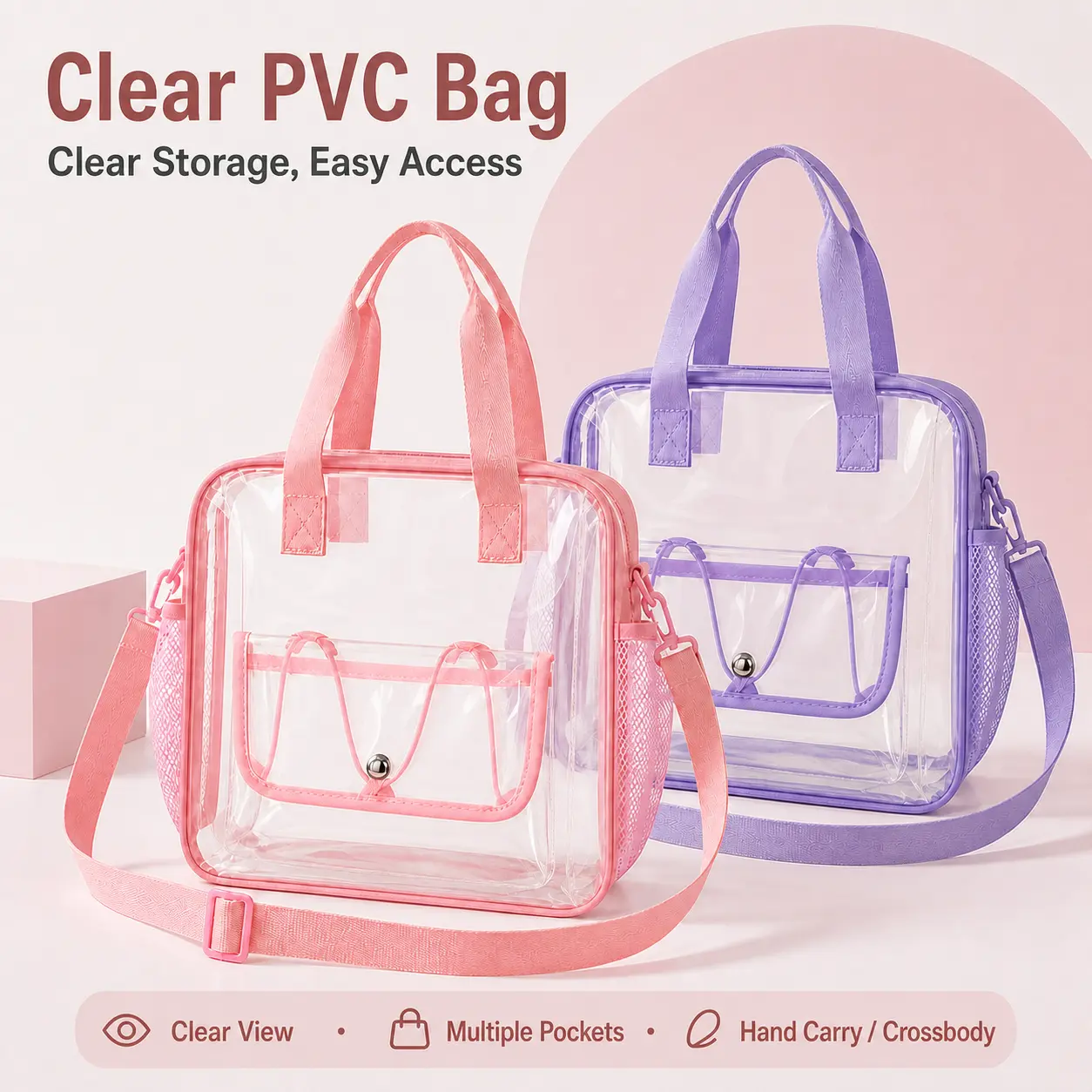 Large Capacity Stadium Approved Transparent PVC Tote Bag Shoulder Bag Clear Bag Sport  Lightweight Daily Crossbody Bag For Women/Unisex Handbag For Concert Sport School Swimming Travel Vacation See Through Storage Bag shower Foldable Reusable