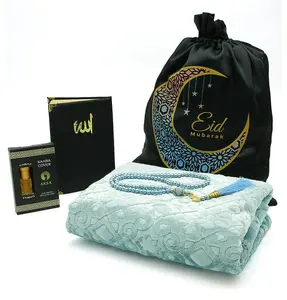 Luxury Velvet Eid Mubarak Gift Bag Set - 5 Pieces with Prayer Rug - Light Blue