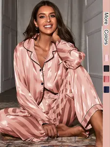 Two-piece Set Women's Plain Striped Print Lapel Neck Button Front Pajama, Long Sleeve Pocket Shirt & Elastic Waist Pants Pj Set, Women's Sleepwear for Spring & Fall, Glam Lounge Wear