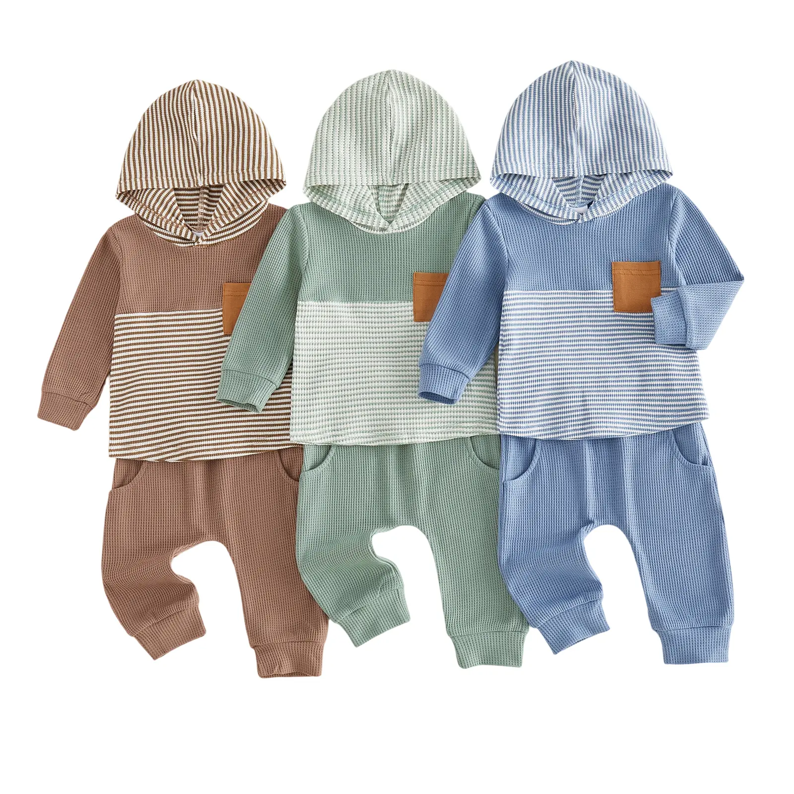 Toddler Baby Boy 2-Piece Fall Winter Outfit Set - Stripe Long Sleeve Hoodies, 1 Polyester Waffled Joggers Pants, for 0-3 Years & 0-6 Months (Baby Maternity Gift Set)