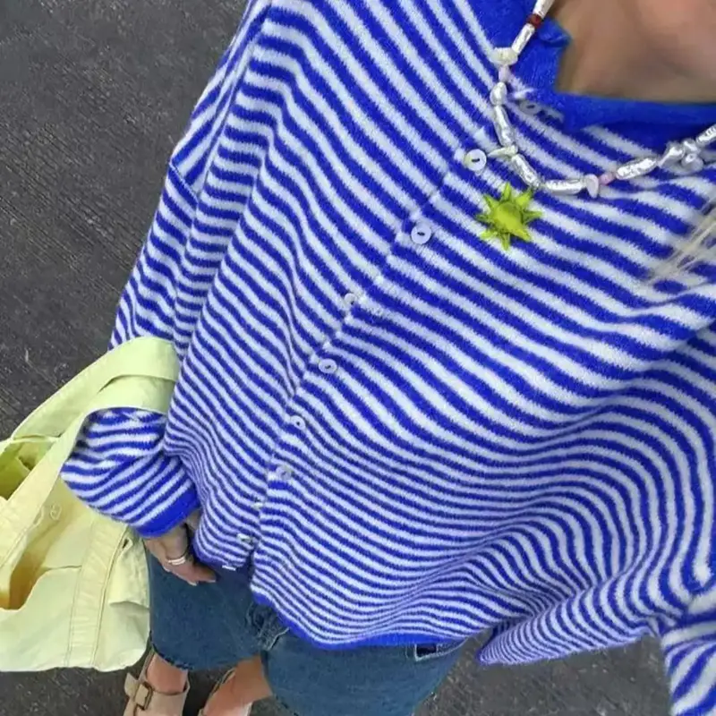 Elegant Knitted Cardigan for Fall & Winter, Unique Design Colorblock Striped Fitted Sweater, Long Sleeve Casual Fashion Knitwear Tops Aesthetic Casual Knitwear Womenswear Knitting