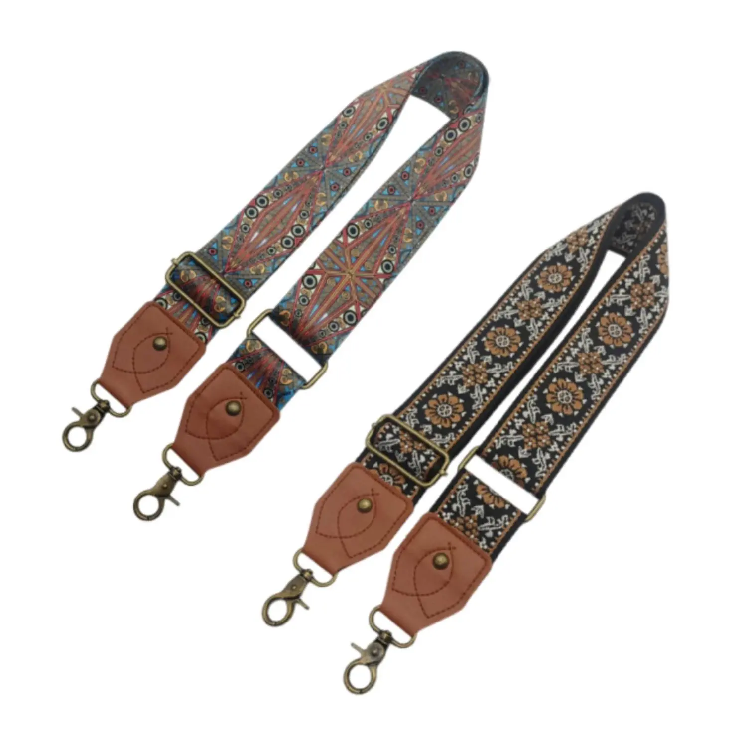 【fathersdaygift】2" Wide Adjustable Purse Strap Replacement, Genuine Cowhide Leather Crossbody Bag Strap with Antique Brass Clips, Retro Boho Print Shoulder Strap for Handbags