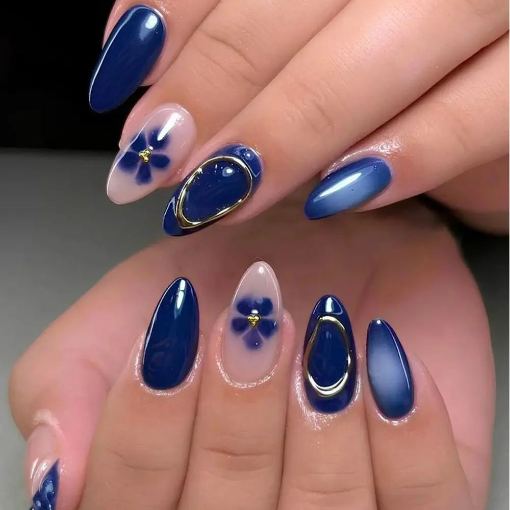 24pcs Party Nails, Nail Tips, Blue Oval Gold Frame Design, Almond Shape Fake Nails, Nail Art Set, Flower Nails, Decorative Nails, Perfect for Evening & Date, Stand Out Style!