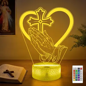 3D Prayer Night Light - Acrylic Religious Lamp with Praying Hands & Heart Cross, 16 Color RGB LED, Perfect Christian Gift for Men & Women, Meditation & Bedroom Decor