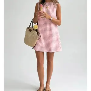 Women's Summer Gingham Sleeveless Mini Dress Casual Loose A-Line Tank Dress Cute Plaid Sundress for Beach Vacation Daily Wear