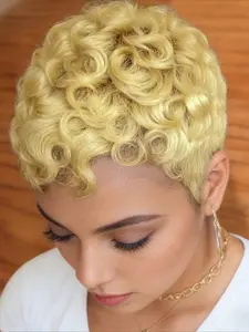 Curly Wave Wig Human Hair Wig for Women Pixie Cut Wig Full Machine Made Wig 180% Density 6Inch Wavy Wigs