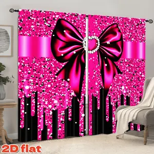 2D flat 2-piece set, Home textile, pink glitter bow drip art curtain panel, bright sparkle sequin print pendant curtain rod pocket style semi-shading anti-privacy curtain for living room bedroom home decoration holiday gifts window supplies set