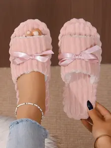 New Fall Winter Plaid Bow Fuzzy Slippers for Women, Home Use Thick Warm Anti-Slip Cotton Slippers, Cozy Indoor Footwear
