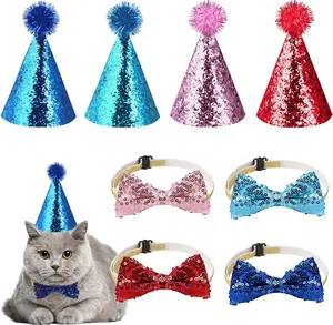 8 Pcs Cat Birthday Hat Dog Birthday Hats, Multi Color Mini Party Hats Set with 4 Pcs Hats and 4 Pcs Bowtie for Cat Dogs Kittens Rabbits