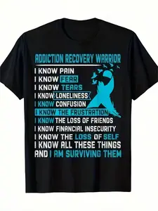 T-Shirt for Addiction Recovery Warriors Featuring Quotes And Sobriety Messages. Made from Soft Breathable This Unisex Crew Neck Tee Is Suitable for Both Men And Women. It Comes in Black with a Blue Recovery Design. The Same Style Is Available for