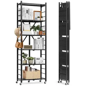 VEVOR 6-Tier Foldable Storage Shelf, 24Wx 12Dx 72H Inch Folding Metal Rack Shelving Unit, No Assembly Organizer Shelf with 5 Wheels 4 Hooks for Pantry, Kitchen, Garage, Basement, Black