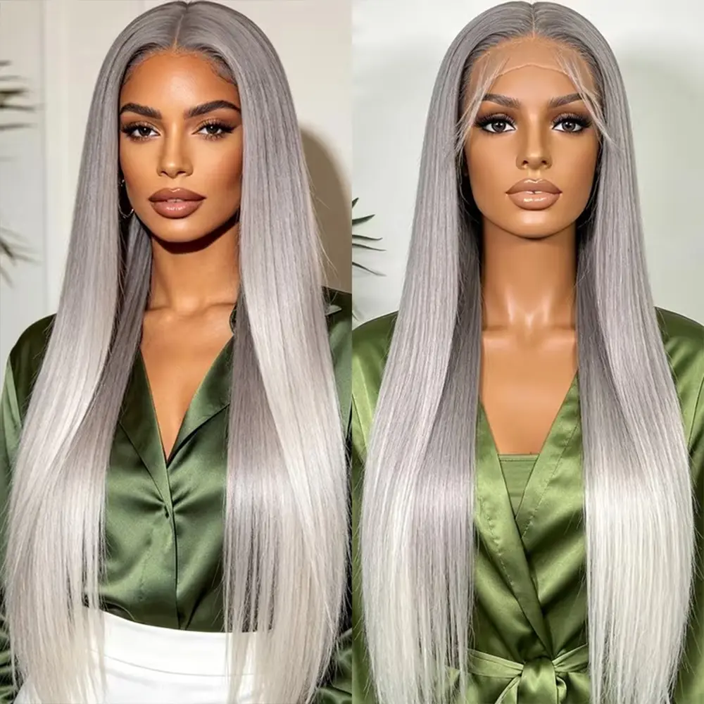 18 Inch = $99 Grey Straight Full 13x4 Transparent Frontal Lace Wigs Natural Hairline 180% Density Grey Color Human Hair Wig