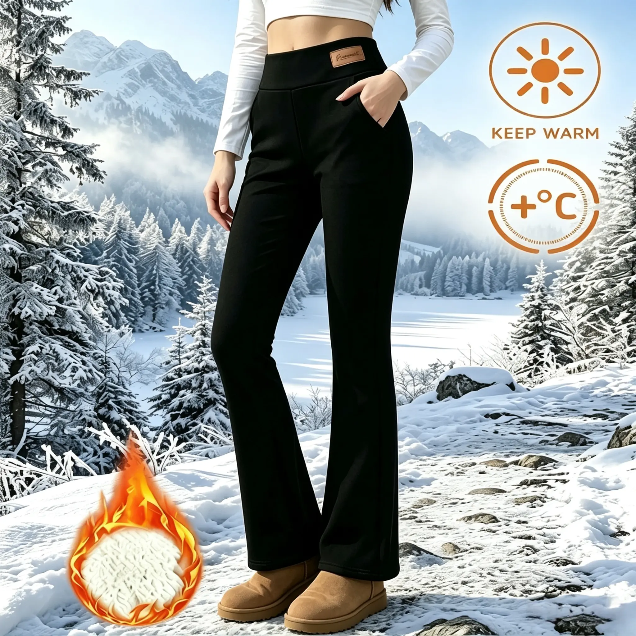 Women's Thermal Thick Lambskin High-Waisted Micro-Flared Pants with Polyester, Leather Label, Side Pockets, Stretch Fit for Winter Warmth