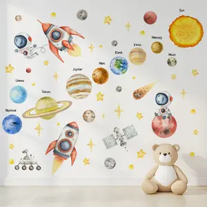 Simple Cartoon Space Galaxy Rocket Wall Stickers, Early Education Wall Decorative Stickers for Children's Rooms, Home Decoration Stickers