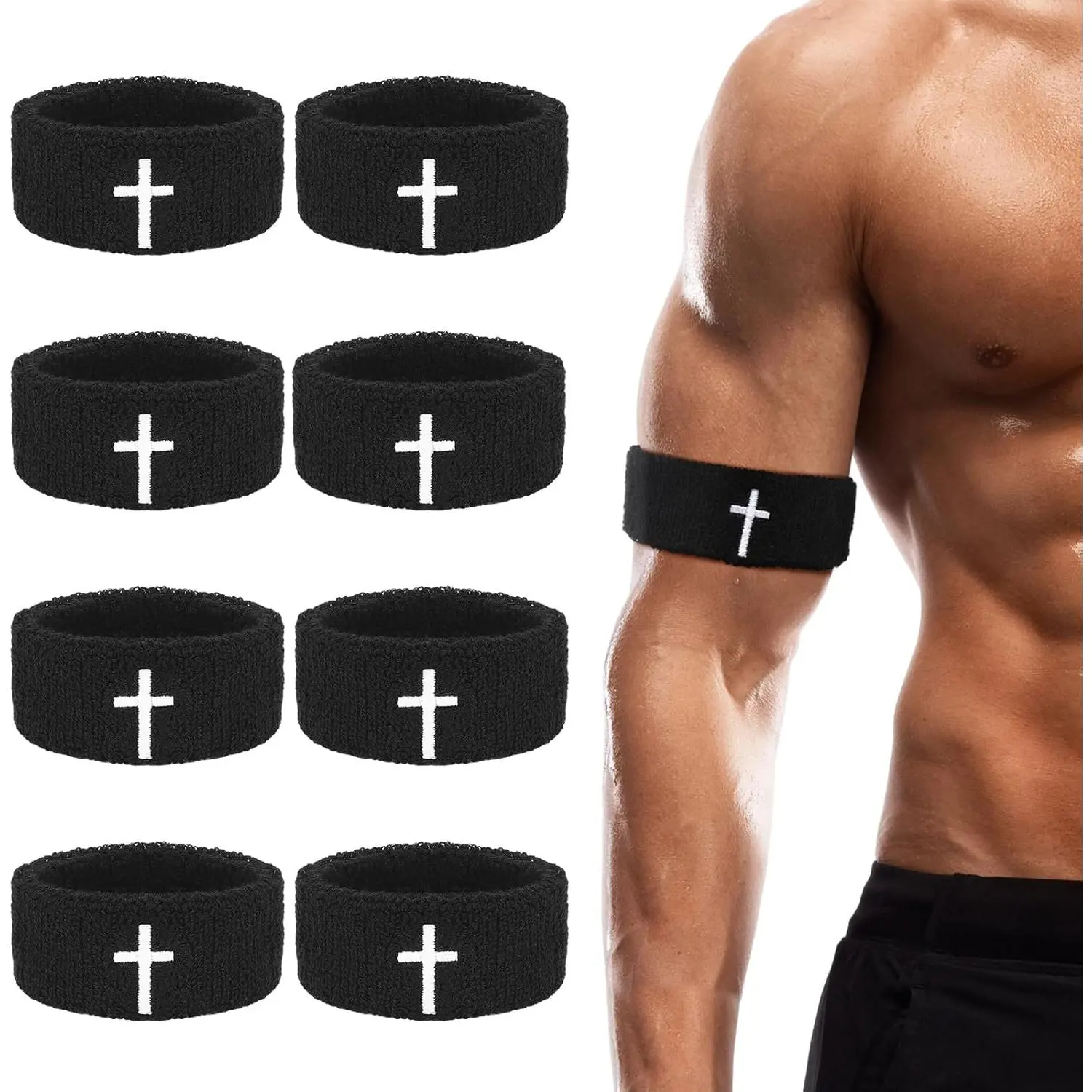 8-Pack Christian Cross Embroidery Sports Sweat Bands (8 x 1.2 inches/9 x 3 cm, 1 Size) - Men's Biceps/Calves/Forearms Armbands & Wristbands for Football, Machine Washable, Breathable, All Seasons, Keeps Hands Dry & Comfortable