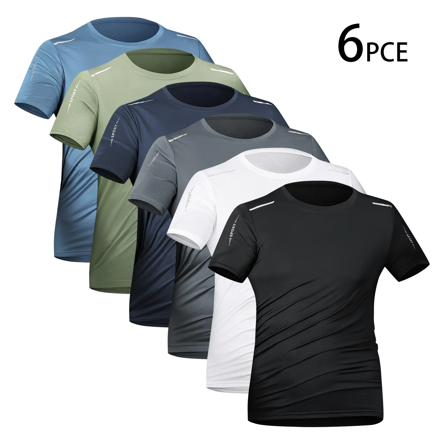 Men’s 6-piece lightweight quick-dry short-sleeve sports T-shirt set for summer—breathable, moisture-wicking athletic tops suitable for the gym, running, and everyday wear.