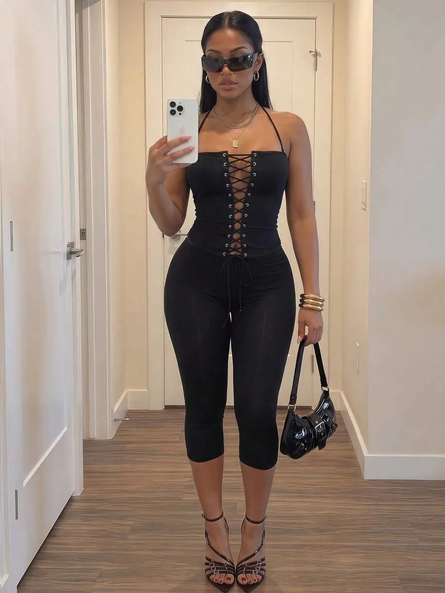 Slayvie Black Strapless Eyelet Lace-Up Corset Capri Pants Set - Sexy Bandage Bodycon 2 Pieces Outfit For Women-A,Summer Outfits For Women Night Out Club