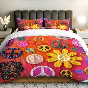 3PCS Duvet Cover Set, 1 Duvet+2 Pillowcases(Without filler), Peace Floral Colorful Retro Artistic Bohemian theme, Festive bedding set, Vibrant Prints Suitable for decoration Bedroom Dorm Studio Lounge.
