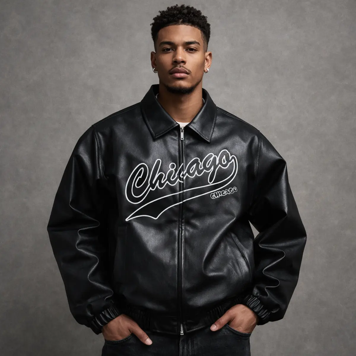 Men's Casual Outdoor Outerwear, Stylish Retro Chicago Graphic Jacket, Zip-Up Streetwear Coat with Pockets, Coats, Casual Outdoor Outerwears, Streetwear Outerwear