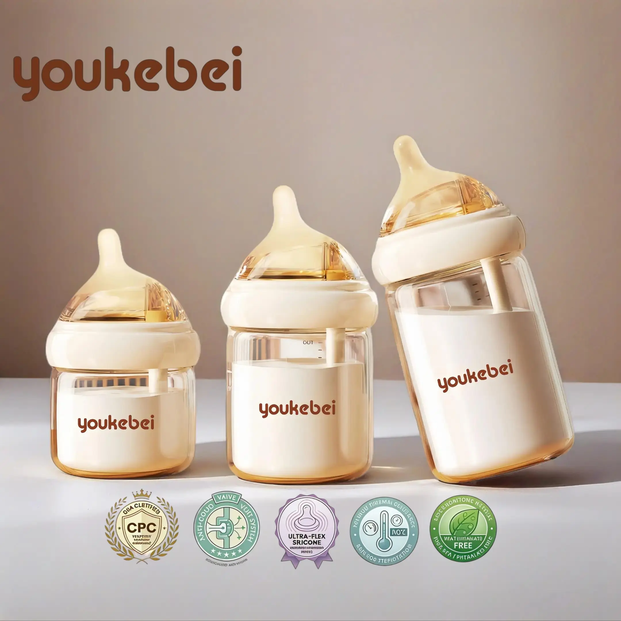 youkebei Borosilicate Glass Anti-Colic Baby Bottles for Breastfeeding Newborns, with Breast-Like Silicone Nipple and Vent System, 0-6M, 2.7oz & 5.4oz, Newborn Bottles