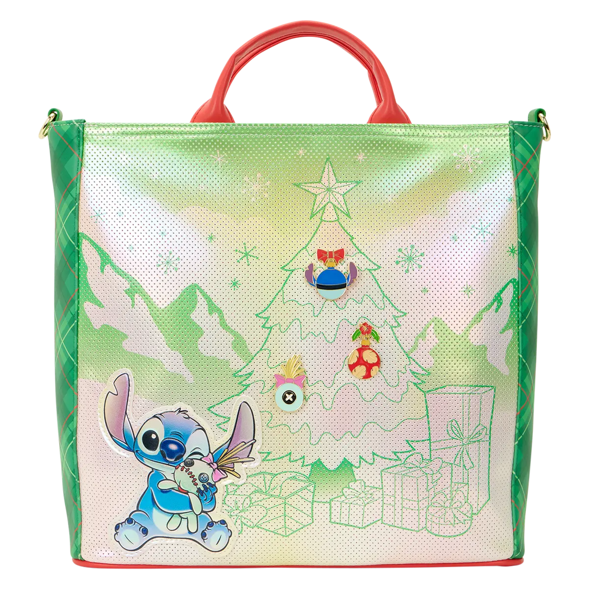 Loungefly Disney Lilo & Stitch Christmas Plaid Faux Leather Tote Bag, Convertible Crossbody with Decorative Enamel Pins, Crossbody Purses, Pu Tote Satchel, Tote Bags