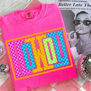 Comfort Colors Western Howdy Retro Patterned Shirt, Playful Neon Checkered Howdy Tee, Aesthetic Y2K Cowgirl Graphic Top, Trendy Colorful Western Sublimation Shirt, Premium Garment Dyed Retro Howdy Apparel, Boutique Electric Cowgirl Lifestyle Tee